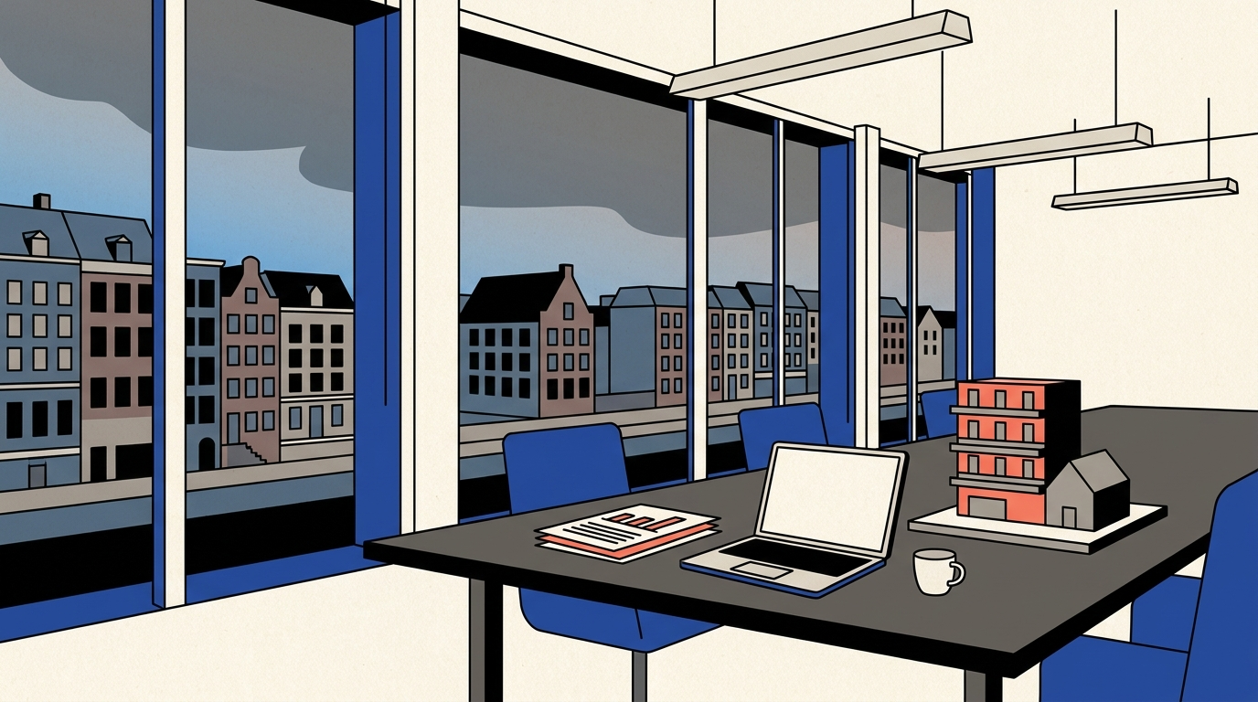An executive conference table overlooks historic European townhouses at twilight, holding a laptop, dossier, and architectural models of a hotel and house.