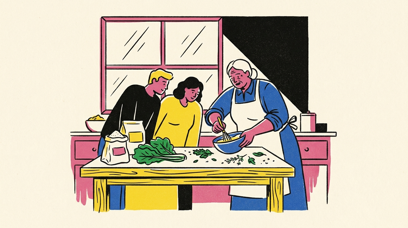 A local host demonstrates traditional cooking techniques to two guests in a warm, rustic kitchen illuminated by morning light.