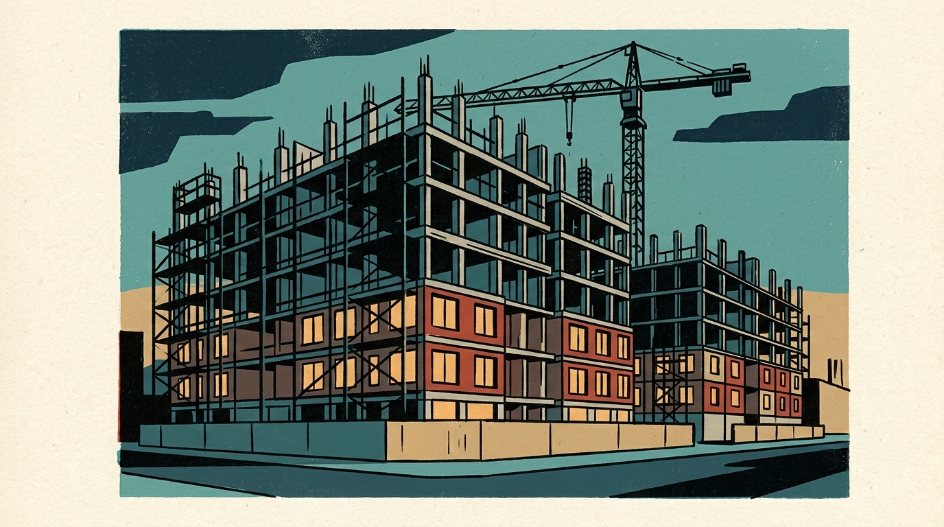 A low-angle architectural drawing of a modern apartment building under construction at dusk, showing exposed steel framing and scaffolding against a twilight sky.
