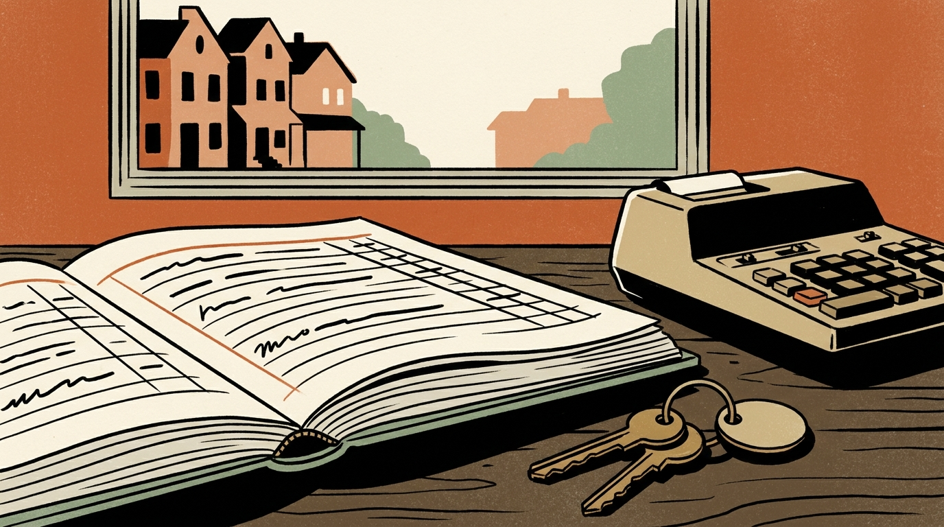 A ledger book, a calculator, and brass house keys sit on a wooden dining table in a warm residential home.