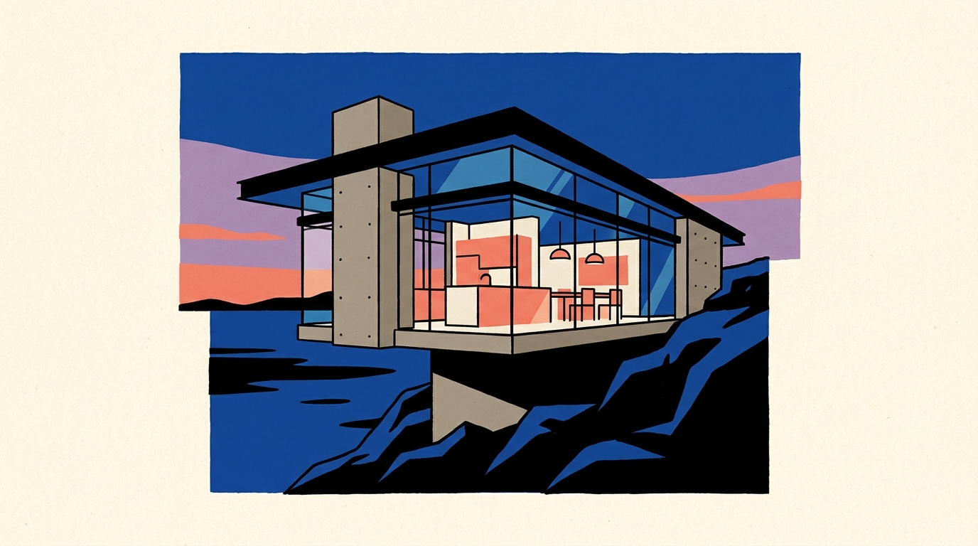 A modern architectural home on a rocky coast at dusk with glowing warm interior lighting showing premium finishes.
