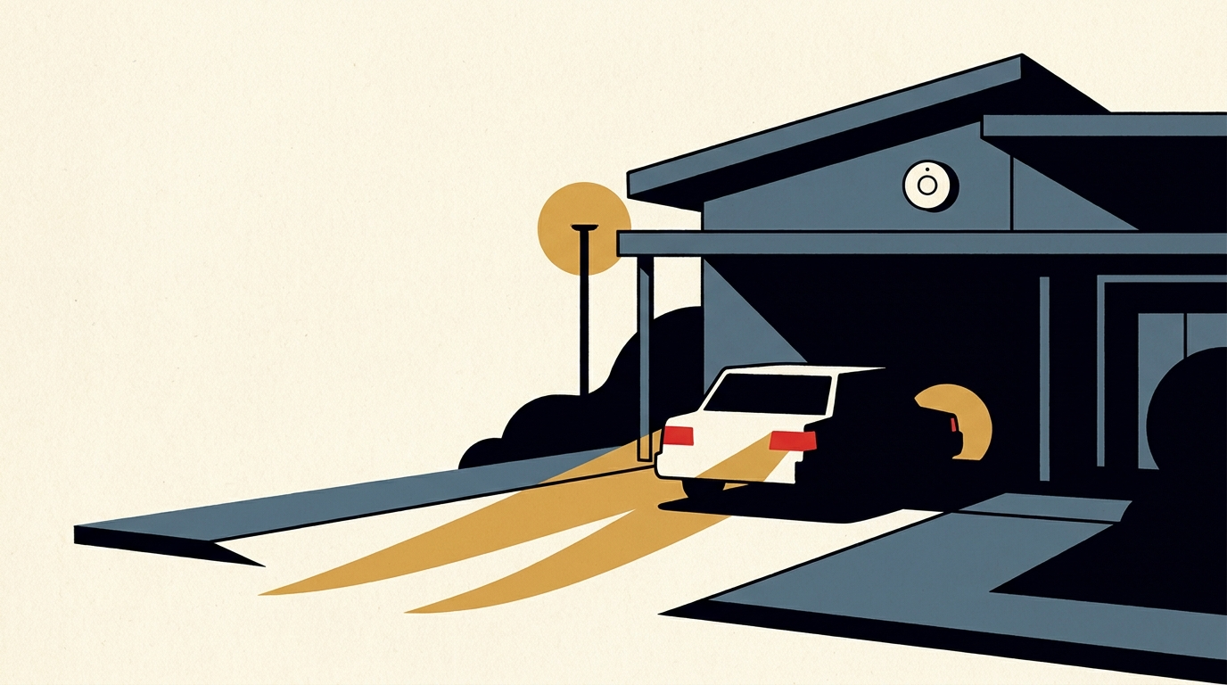 A white private security patrol car parked in the driveway of a residential short-term rental at dusk, with a small white noise sensor mounted under the roof eave.
