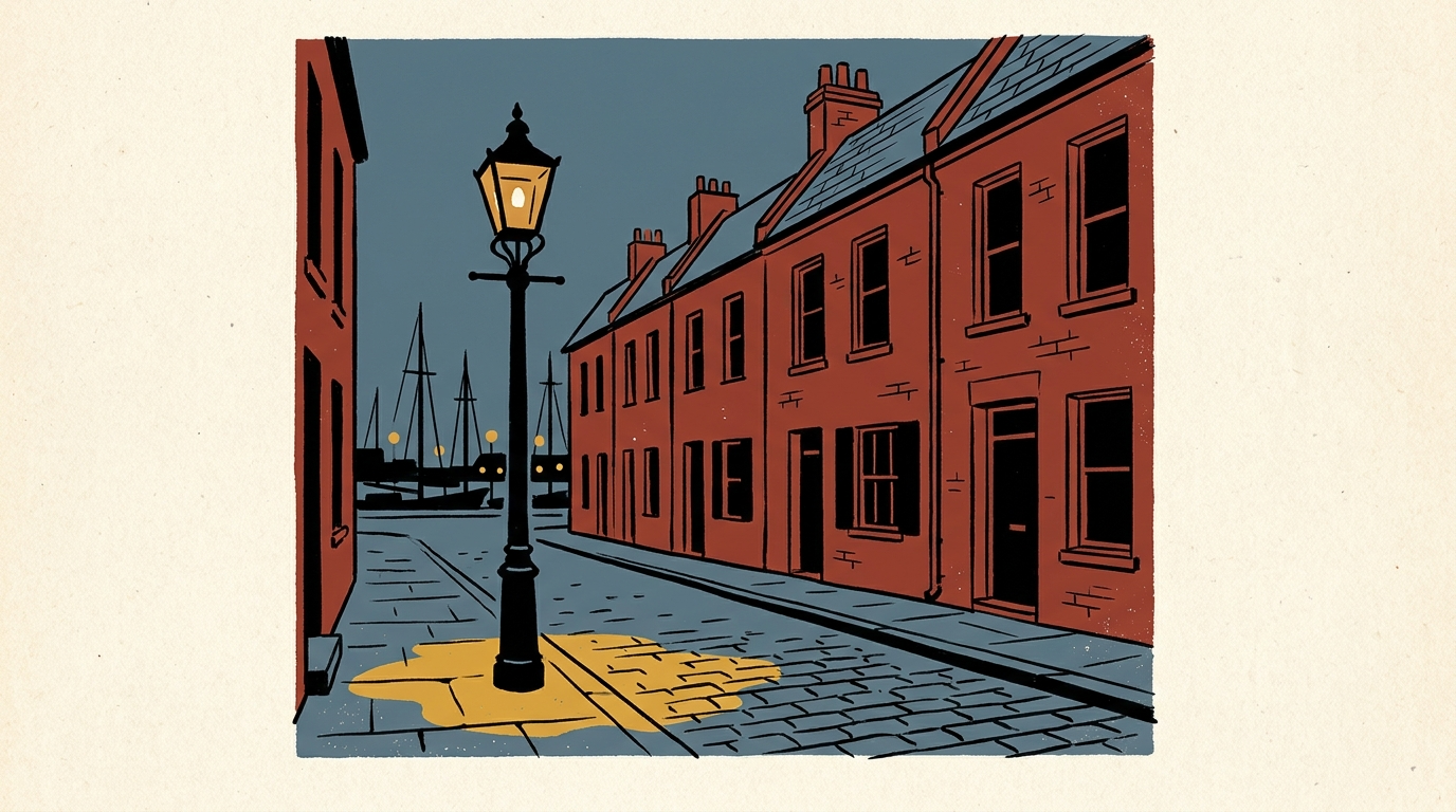 A historic cobblestone street with brick townhouses at dusk, featuring a single lamppost and sailboat masts in the background.