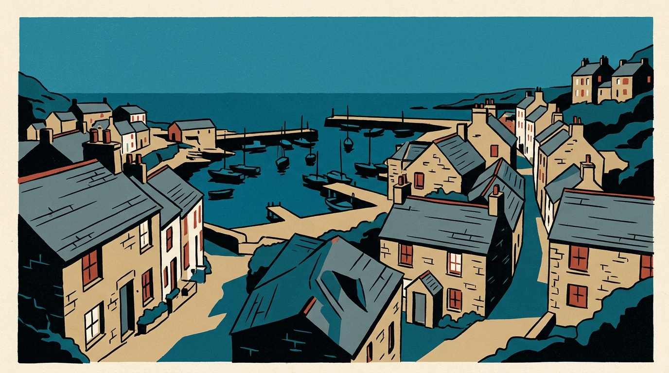 A peaceful coastal village at twilight with warm light shining from stone cottage windows.
