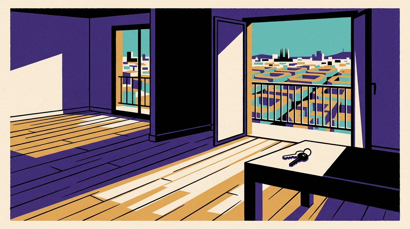 An empty apartment interior in Barcelona with open balcony doors looking out over the city street grid, with keys left on a table.