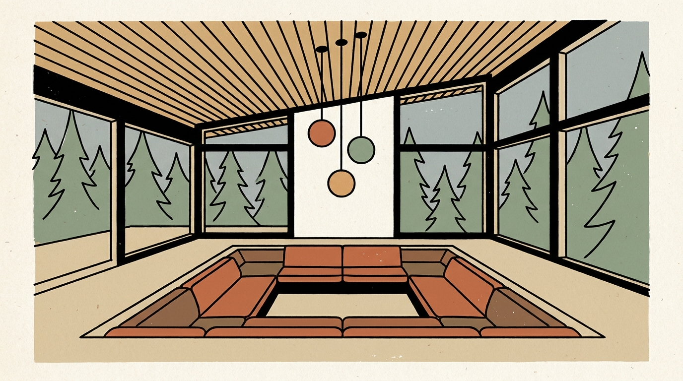 A wide-angle view of an empty 1970s-style living room with an orange conversation pit, wood-paneled ceilings, and large windows looking out onto a pine forest.