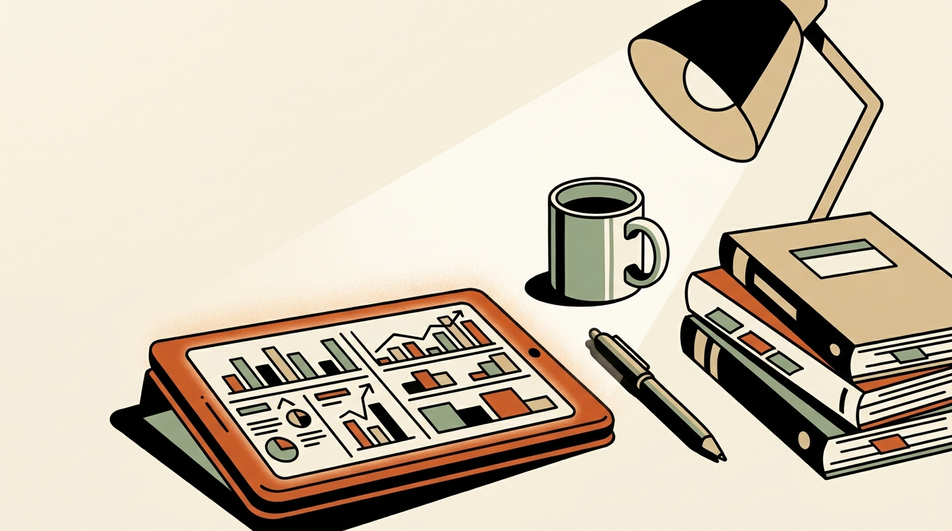 A professional property manager's desk featuring a glowing digital tablet with analytical booking charts, a coffee mug, and printed financial ledgers under a warm desk lamp.