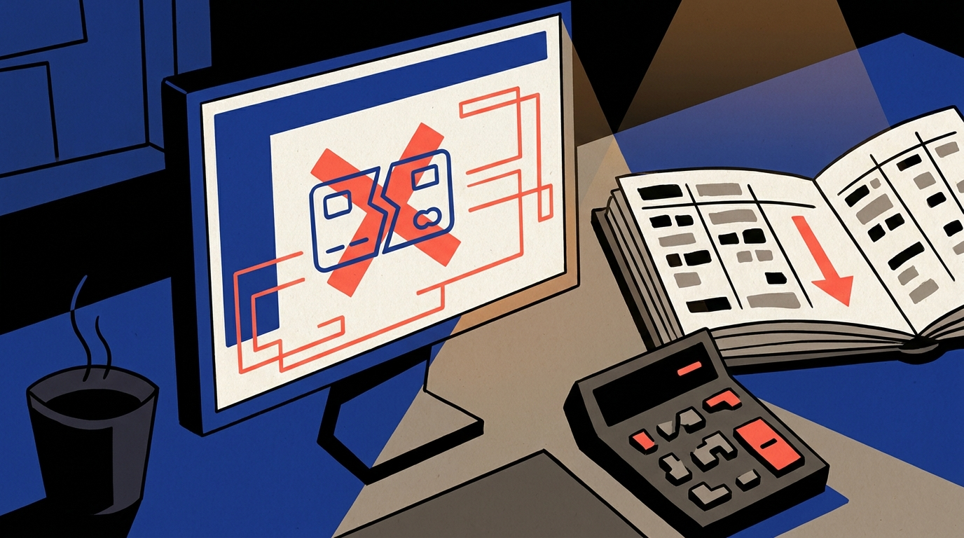 A close-up of a desk with a computer monitor showing a payment error message and financial ledgers.