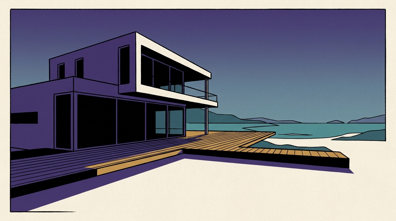 A minimalist coastal home sits dark and vacant under a twilight sky, illustrating the impact of short-term rental limits.