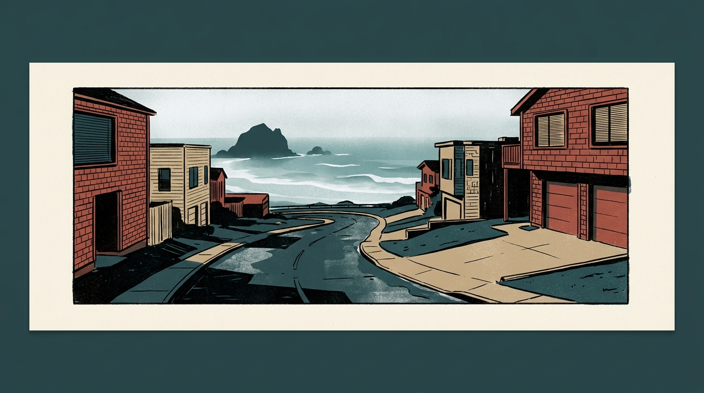 A quiet coastal street lined with cedar-shingled homes under a grey, misty Pacific Northwest sky, with the ocean and a large sea stack visible in the background.