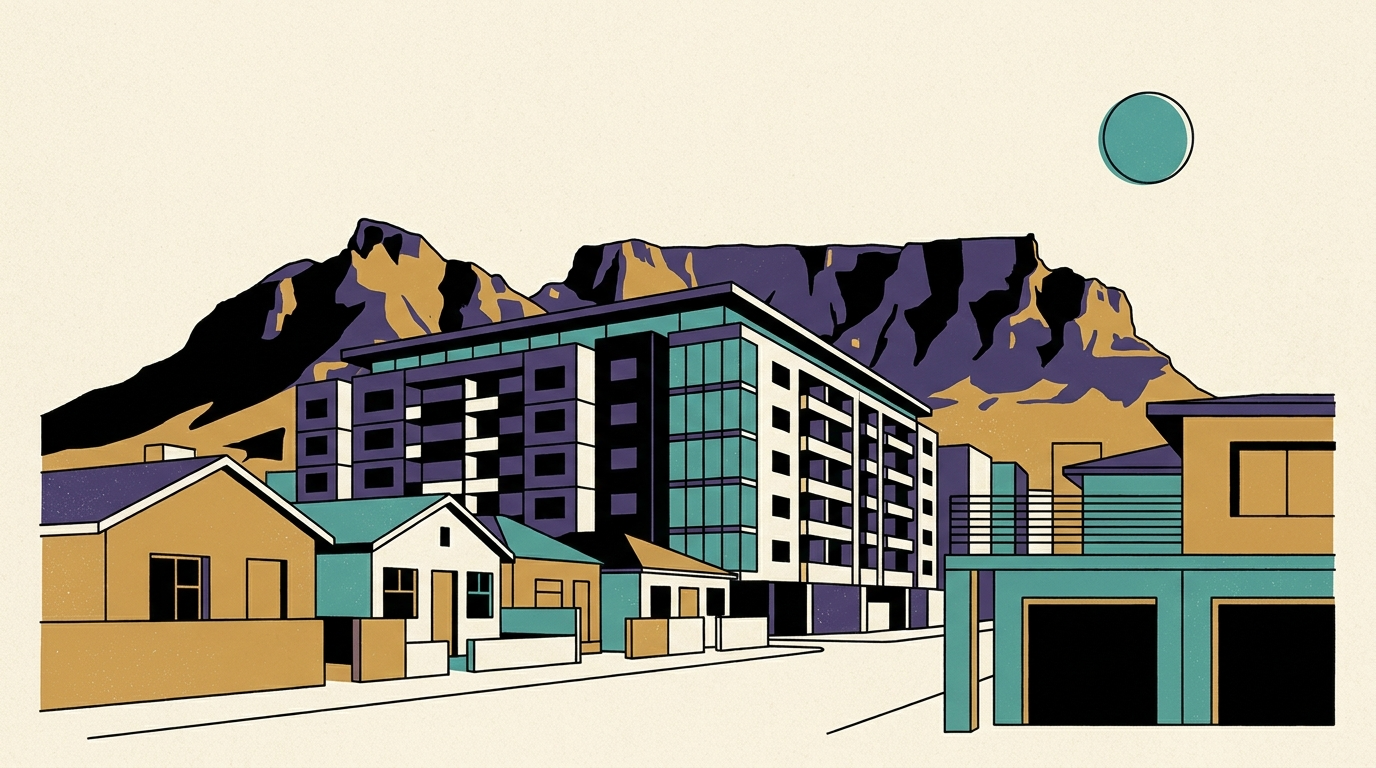 A modern apartment building stands against the backdrop of Table Mountain in Cape Town.