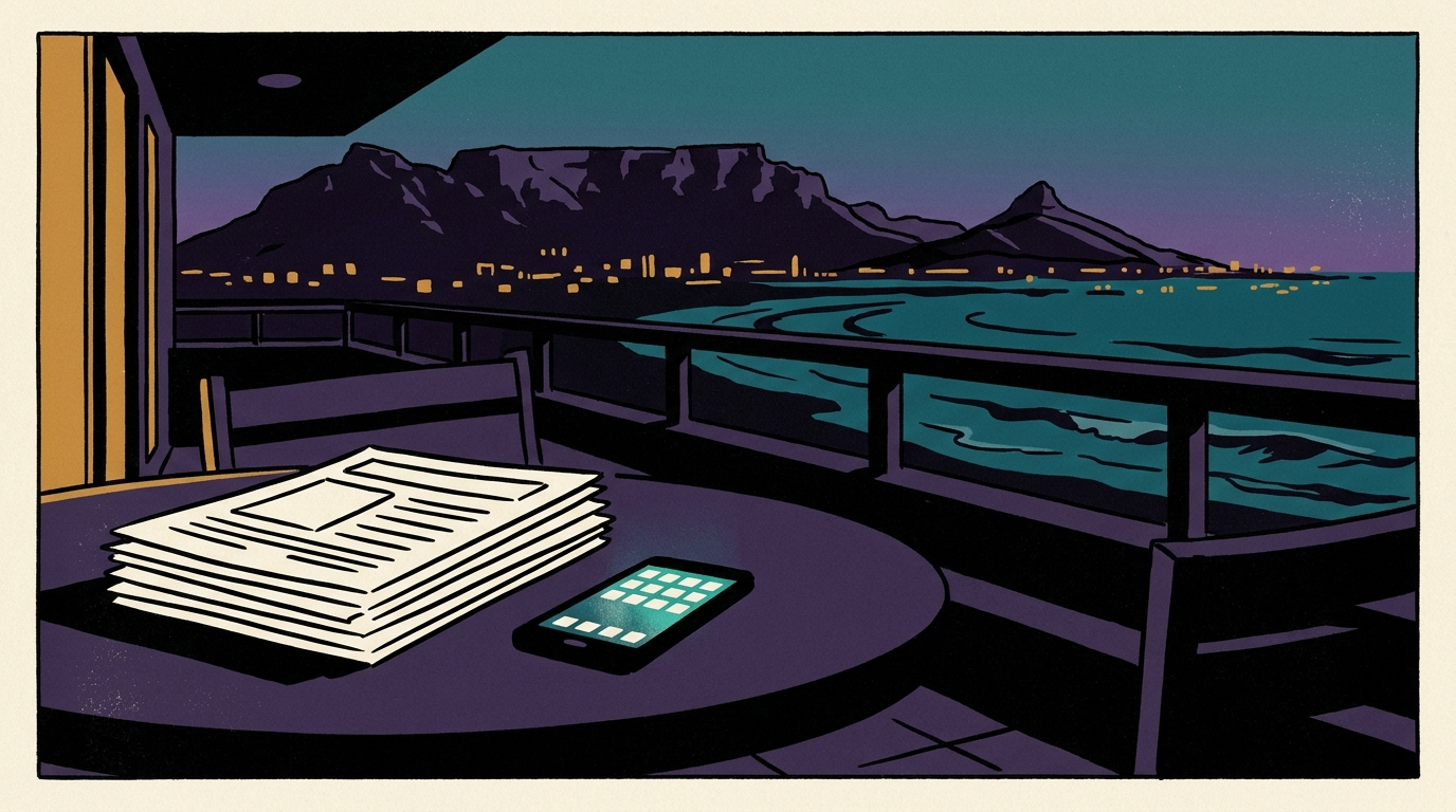 An outdoor table on a Cape Town balcony overlooking the ocean at twilight, holding a pile of municipal utility bills next to a smartphone showing a booking app.