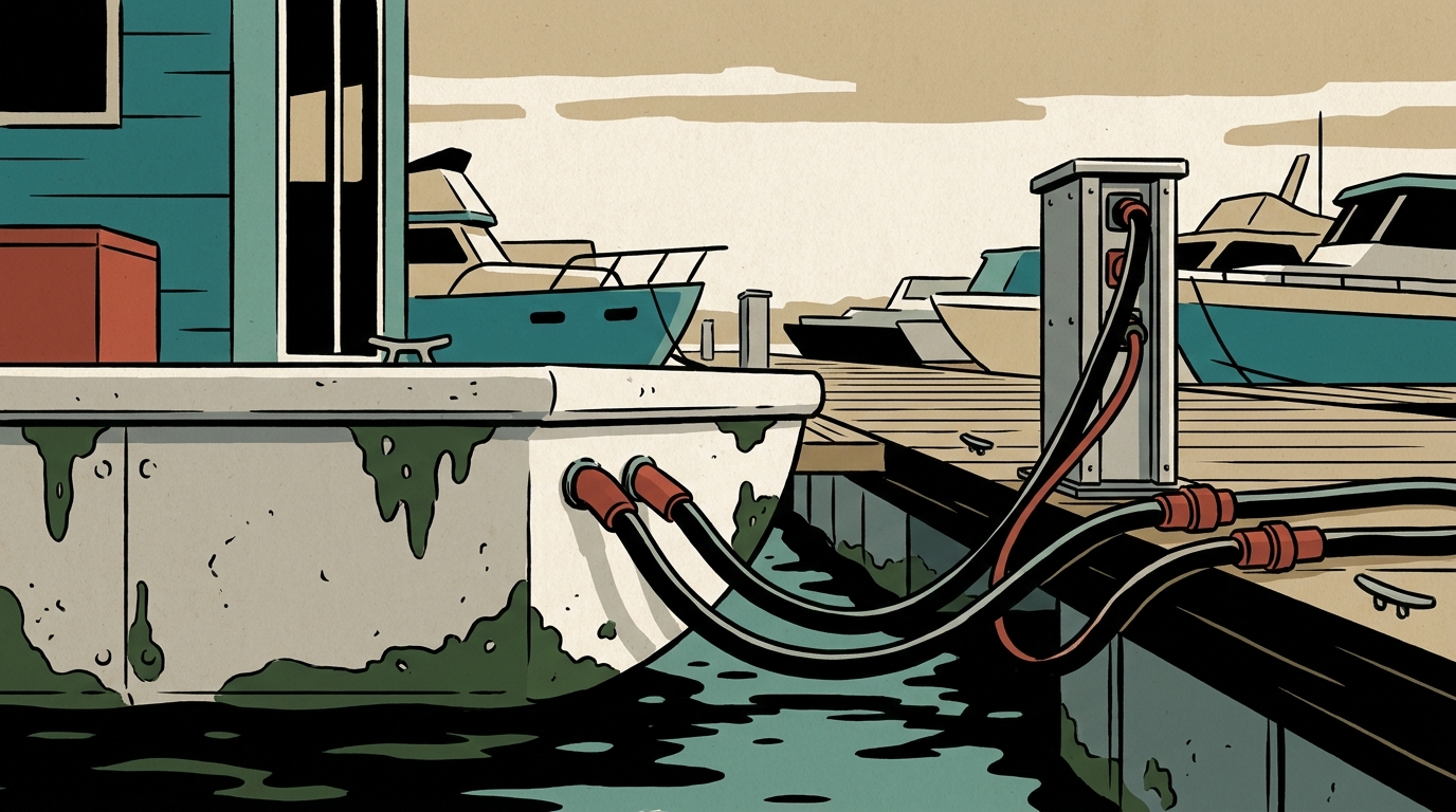 A floating home moored at a marina dock with utility lines and electrical pedestals visible under an overcast sky.
