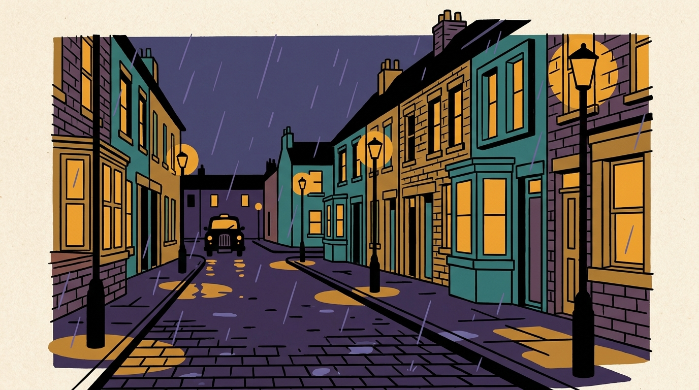 A rainy English city street at dusk, with warm lights from terraced houses reflecting on wet cobblestones.