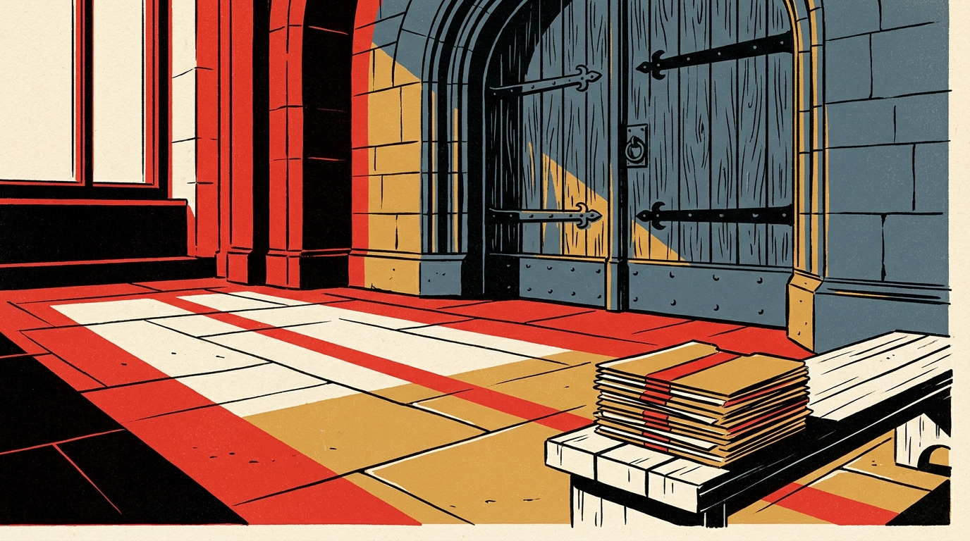A heavy wooden door and a stack of legal files in a sunlit municipal building hallway.