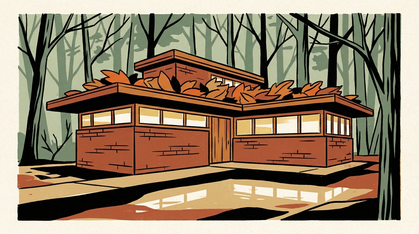 A low-slung mid-century modern house built of brick and cypress wood sits among autumn trees under a flat roof covered in fallen leaves.
