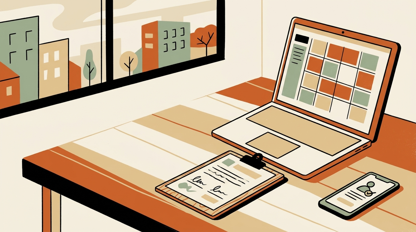A professional landlord workspace with a laptop showing a calendar, a clipboard with a rental agreement, and a smartphone displaying tenant screening details.