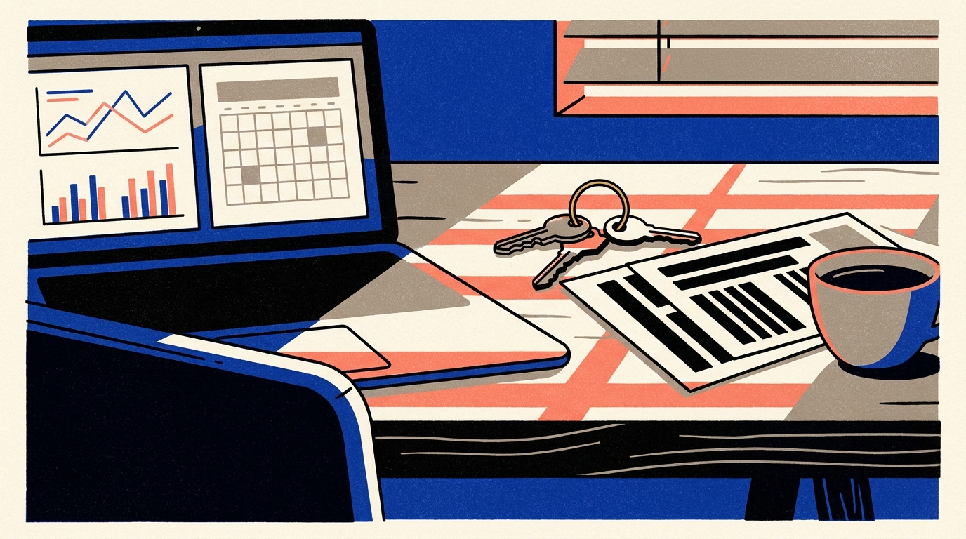 A laptop showing booking feeds and analytics sits on an office desk beside brass keys and balance sheets at dusk.
