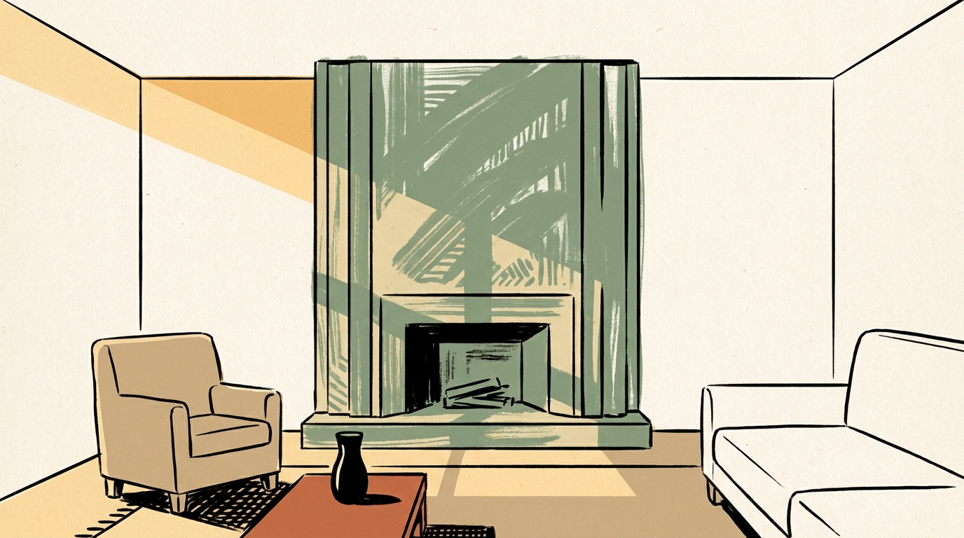 A minimalist living room featuring a dramatic, hand-textured green plaster fireplace wall as the sole focal point.