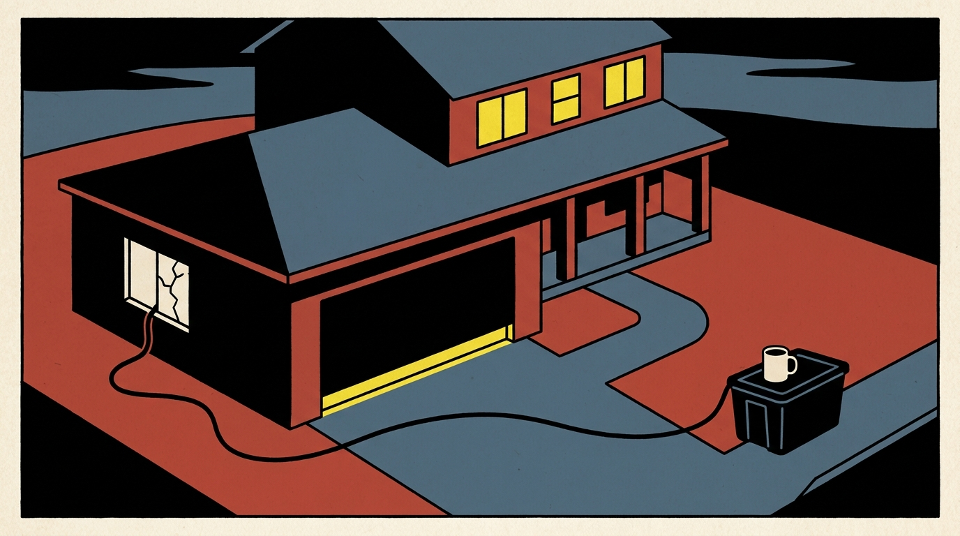A house illuminated with warm lights on the main floors while a dark detached garage shows a sliver of light beneath the door.