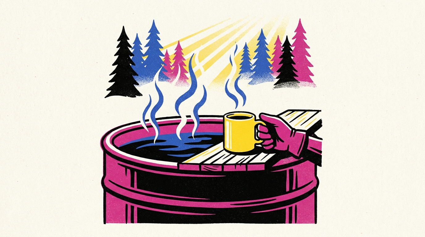 A close-up view of a steaming black outdoor hot tub in a misty forest at dawn, with a hand holding a ceramic mug on the wooden deck.