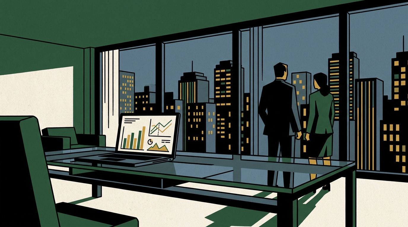 A corporate treasury office displaying financial charts of interest rate swaps on a laptop screen against an urban skyline.