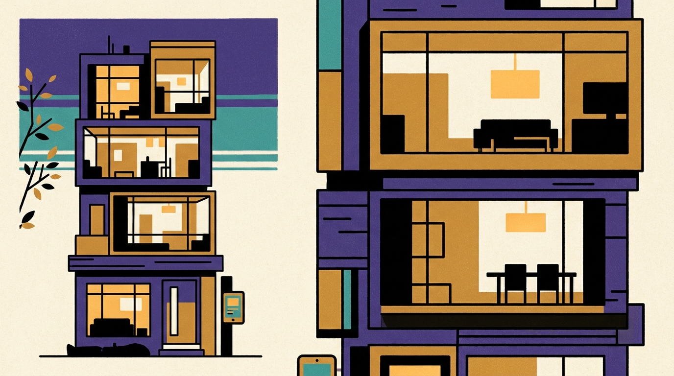 A modern multi-story apartment building in Tokyo at dusk with warm interior lights and a digital entry terminal.