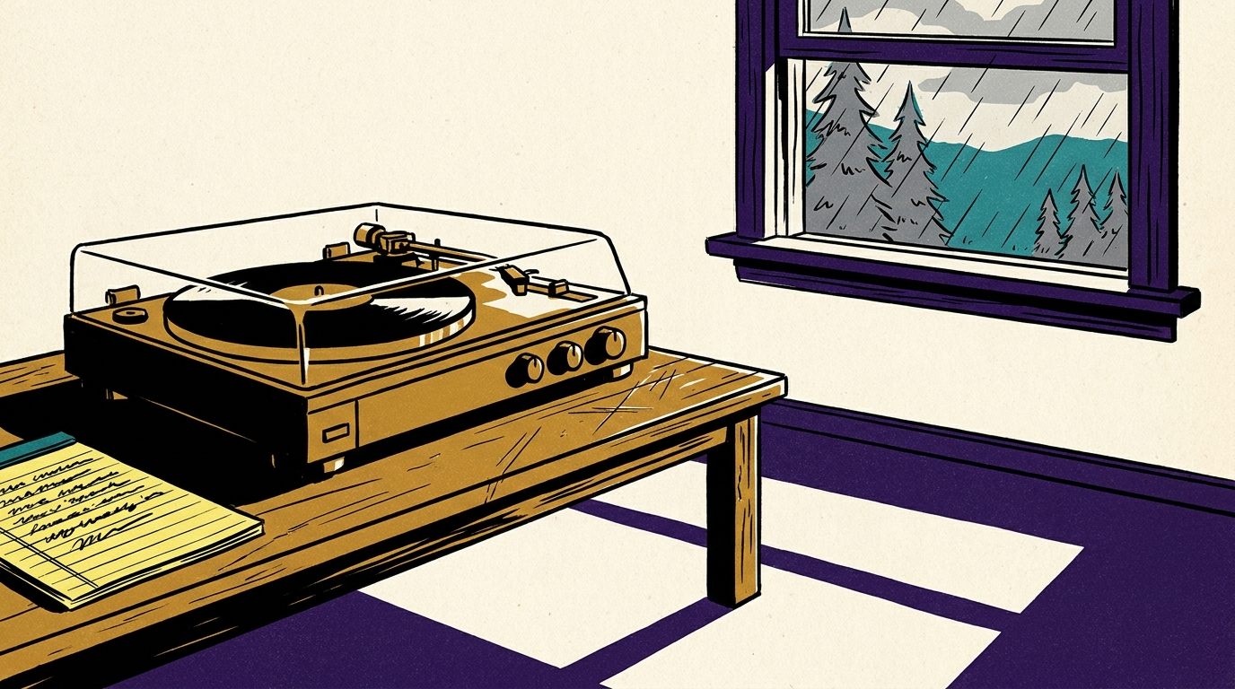 A vintage record player and a legal pad with handwritten notes sit on a wooden table in a moody, dimly lit room overlooking a rainy Pacific Northwest forest.