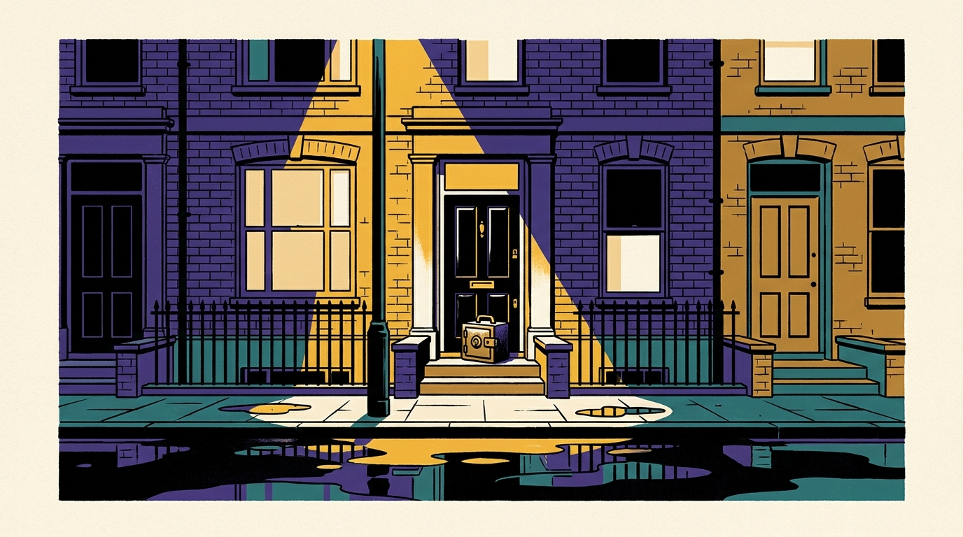 A row of London brick townhouses at dusk with a lockbox mounted near the front door under a streetlight.