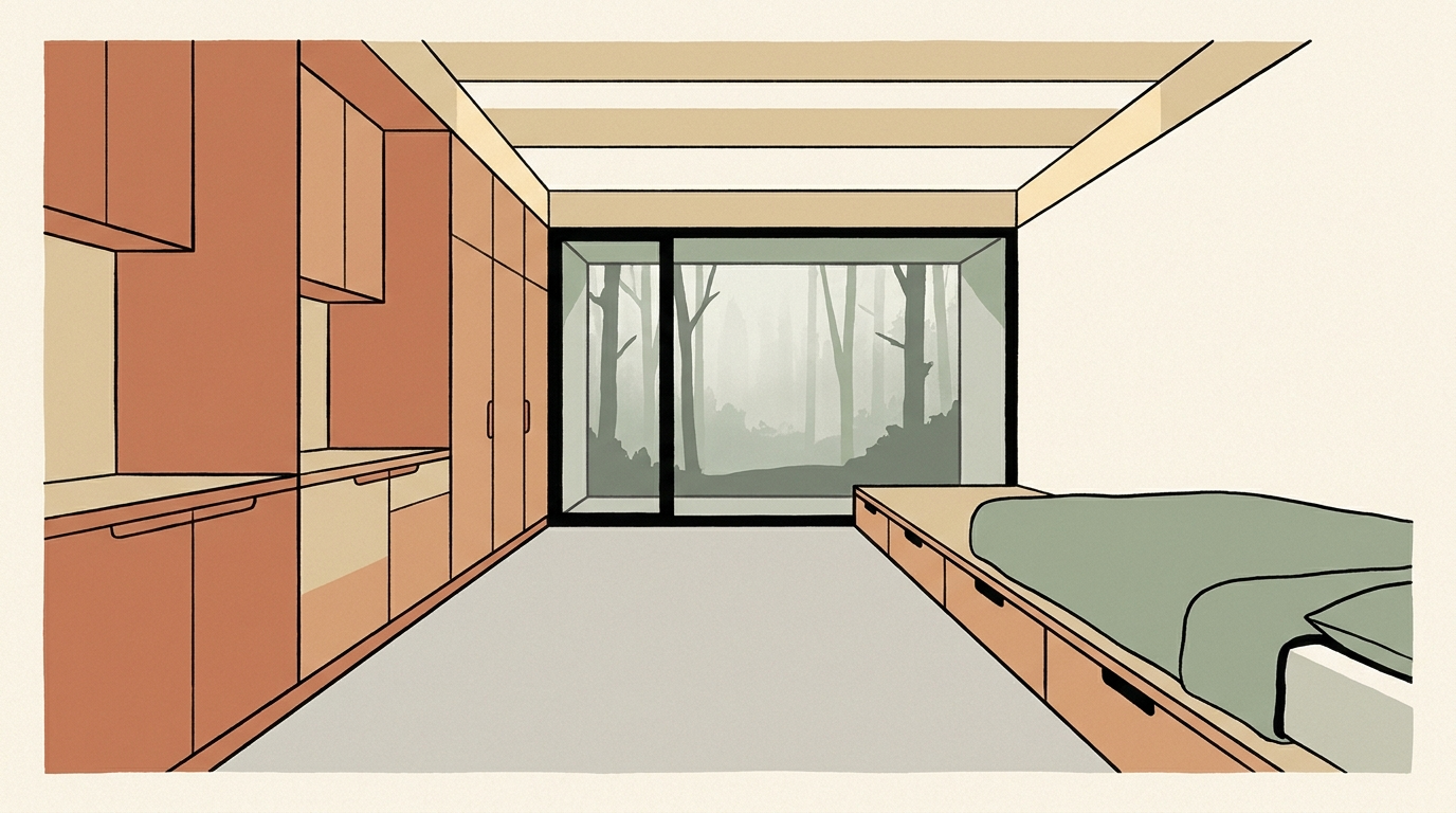 A minimalist architectural studio interior featuring light birch plywood walls, a built-in platform bed, and a continuous wall of seamless cabinetry.
