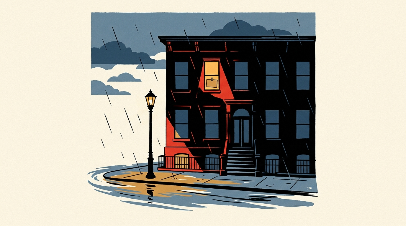 A quiet street of Brooklyn brownstones at dusk with rain-slicked streets and a single illuminated window containing a lease sign.