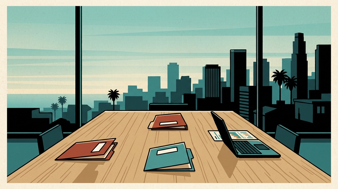 A professional office conference table with regional folders and a laptop against a soft morning coastal skyline view.