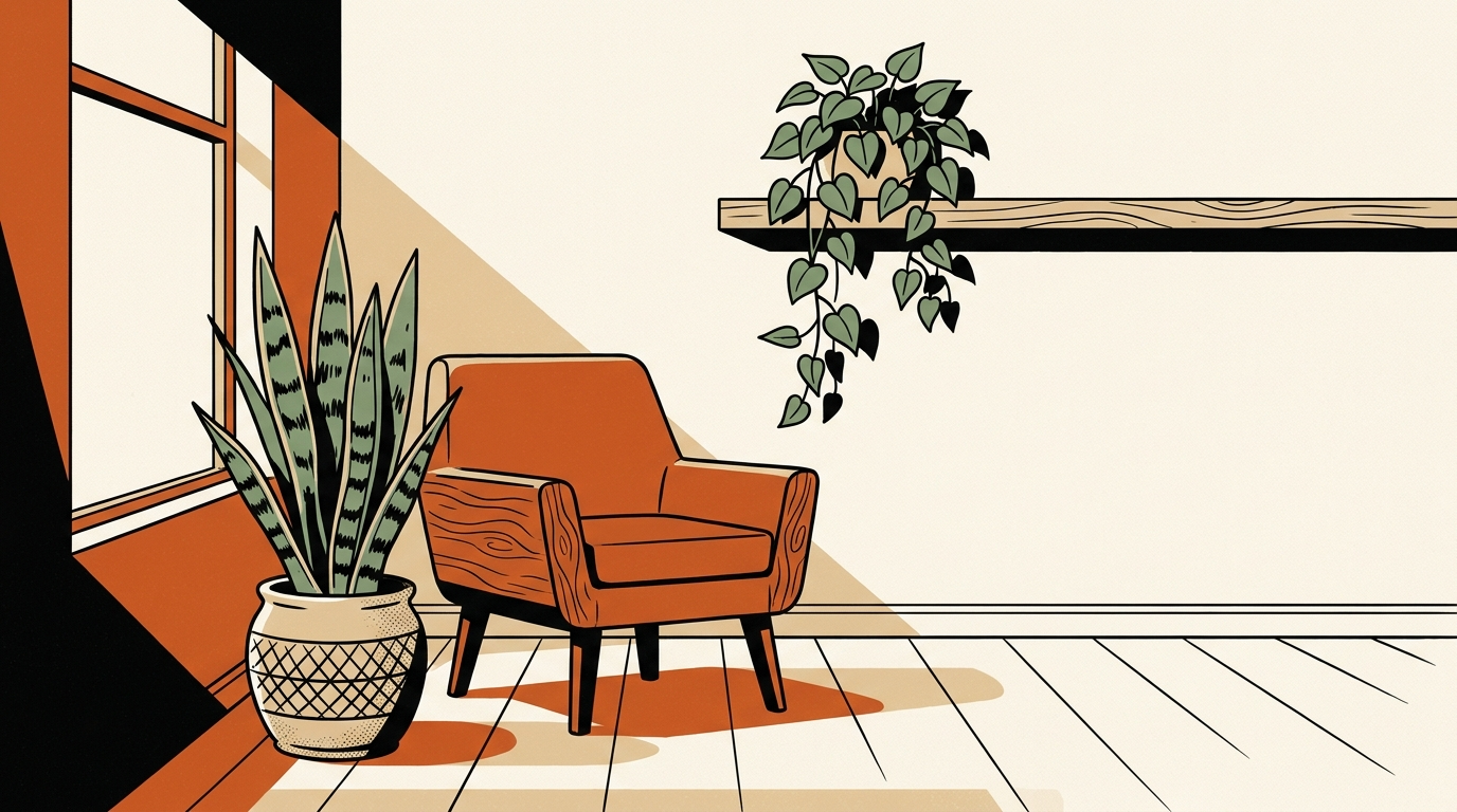 A sunlit modern living room featuring a tall, healthy Snake Plant in a ceramic pot and a trailing Pothos on a wooden shelf.