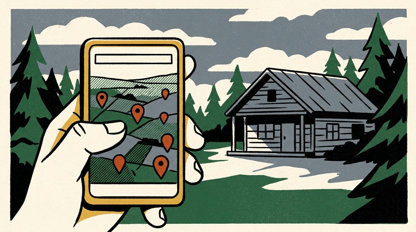 A hand holding a smartphone showing a map of rental properties in front of a quiet wooden cabin in a pine forest.