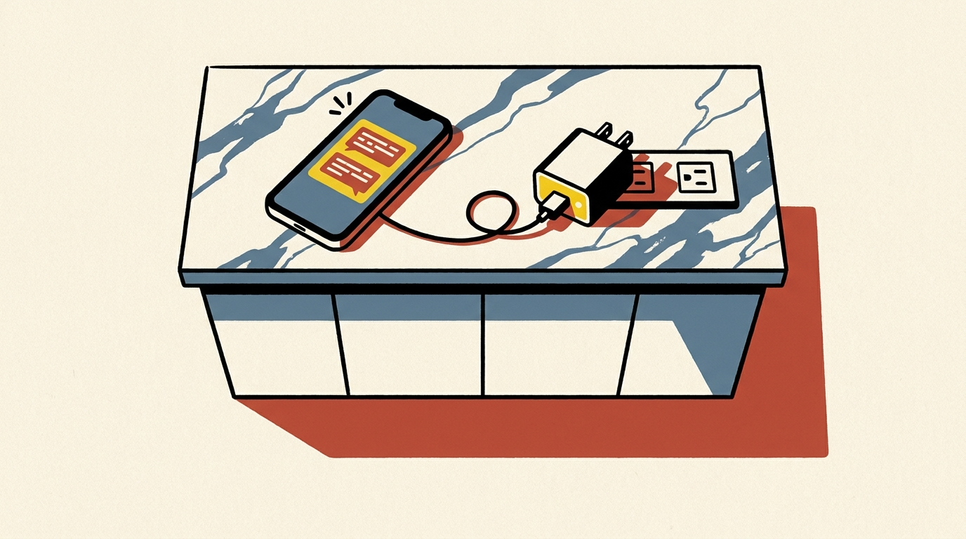 An overhead view of a kitchen island with a smartphone showing a refund request text next to a USB charger block.