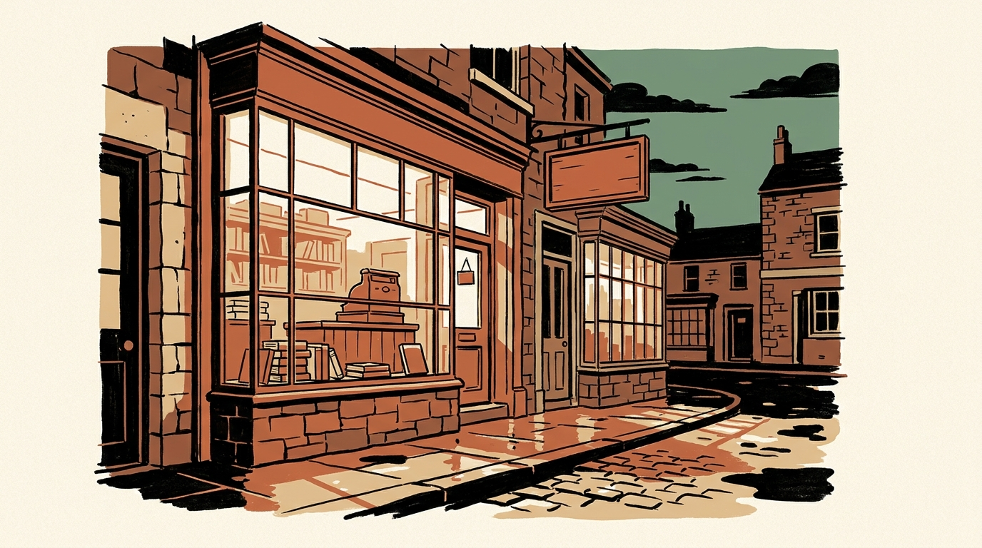 A warm storefront of a traditional bookshop in a Scottish village at dusk, with light glowing from the windows onto wet cobblestones.