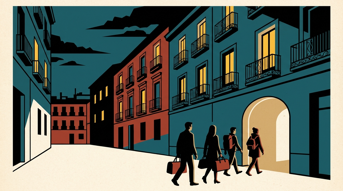 A dusk view of a classic Madrid street with historic apartment buildings lit from within, as travelers with suitcases walk toward an entrance.