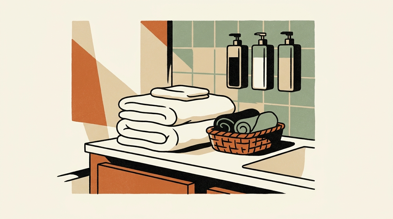 A close-up of a neatly arranged bathroom vanity with white towels, grey makeup cloths, and wall-mounted stainless steel soap dispensers in the background.