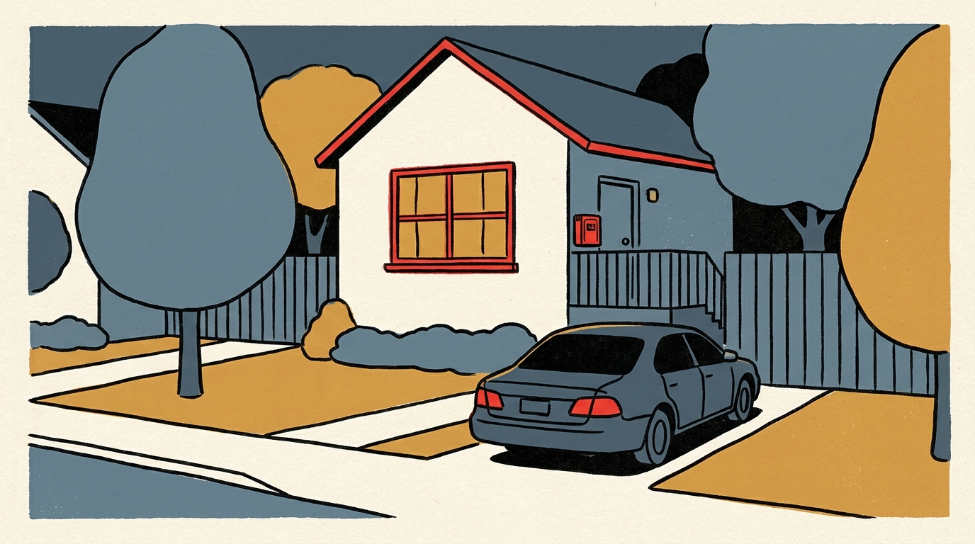 A quiet suburban home at dusk with warm light in the windows and a simple key lockbox on the side railing.
