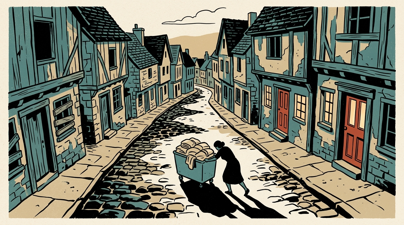 A housekeeper pushes a commercial linen cart down an empty cobblestone street past a mix of restored and decaying historic village homes.
