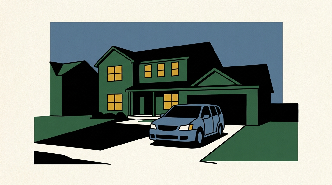 A suburban house at dusk with warm interior lights and a car in the driveway under a cool blue sky.