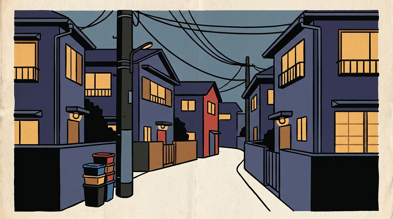 A narrow residential street in Tokyo at dusk lined with quiet modern homes and municipal waste sorting bins under utility wires.