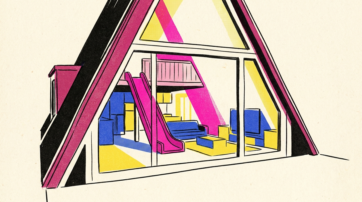 A modern A-frame cabin with a single, highly visible, unique design feature like an indoor slide or a glass floor.