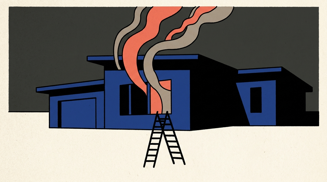A low-angle view of a residential building at dusk with heavy smoke rising from the roof.