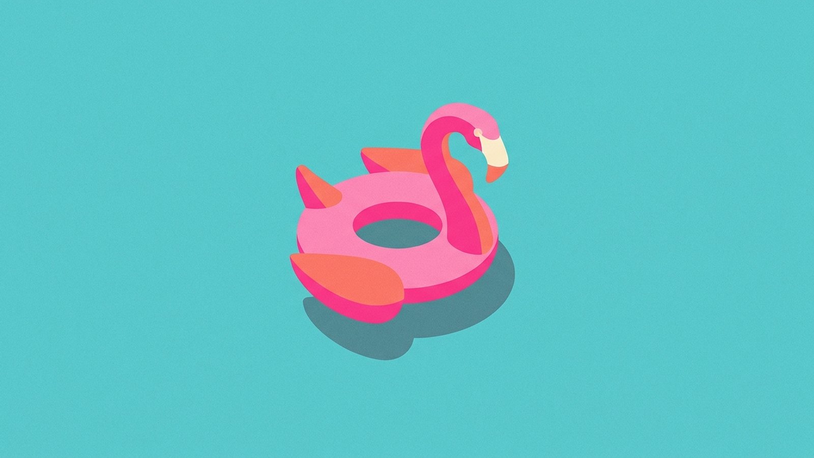 A flat editorial illustration of a single pink inflatable flamingo float on turquoise water, seen from above.
